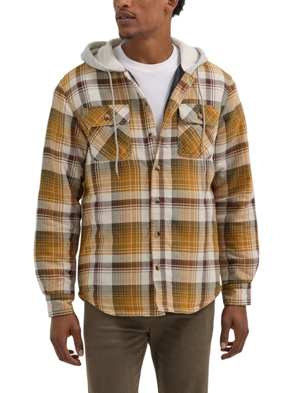 Wrangler Authentics Men's Long Sleeve Quilted Lined Flannel Shirt Jacket with Hood, Golden Brown, L