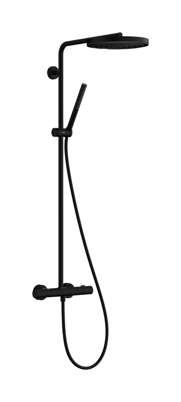 hansgrohe Pulsify S Puro - shower system with thermostat, rainfall shower head (260 mm), hand shower (1 spray), shower hose, shower rail and head shower round (1 spray), matt black, 24222670