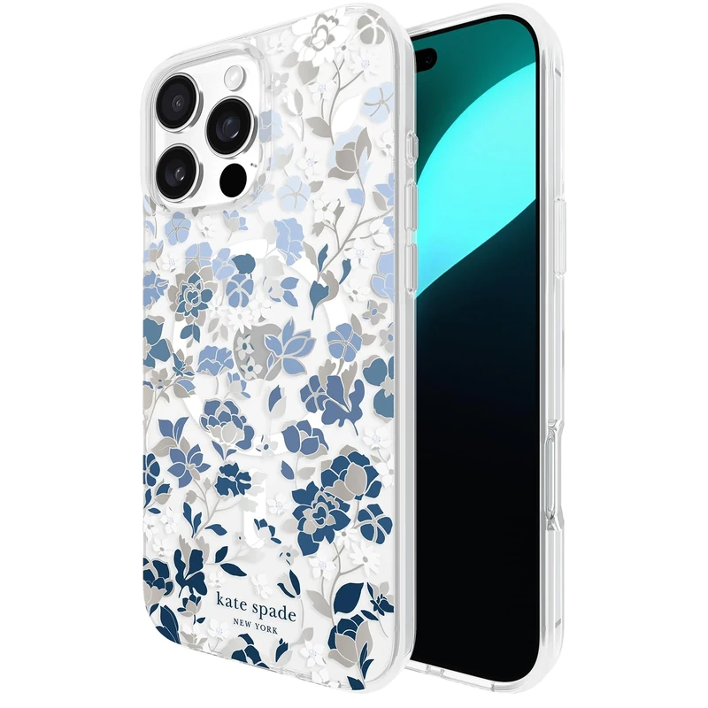 Kate Spade New York iPhone 16 Pro Max Case - Compatible with MagSafe - Designer Phone Case - Flowerbed Blue Gems