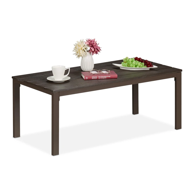 Relaxdays Garden Table, HWD: 39 x 98 x 48 cm, Wood Look, Plastic & Steel, Outdoor Dining, Rectangular, Balcony, Brown