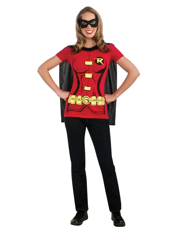 Rubies Official DC Comic Supergirl and Robin T-Shirt Set, Ladie's Instant Costume Bundle Kit - T-shirt & Attached Cape Costume Bundle, Adult Super Hero Fancy Dress Up, Size Small Halloween
