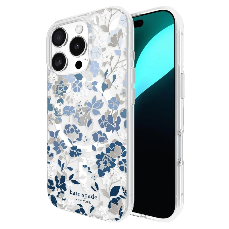 Kate Spade New York iPhone 16 Pro Case - Compatible with MagSafe - Designer Phone Case - Flowerbed Blue Gems