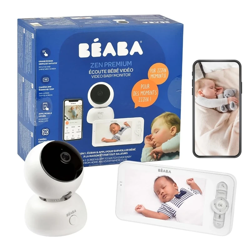 BÉABA, Baby Monitor, 2-in-1 Baby Video Monitor, Screen/Dedicated Mobile App, HD Camera, 360° Rotation, Night Vision, Walkie-Talkie, Lullabies, Temperature and Humidity Control, Zen Premium, White