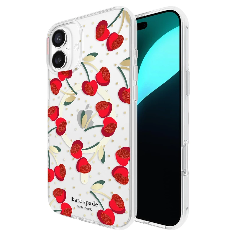 Kate Spade New York iPhone 16 Plus Case - Compatible with MagSafe - Designer Phone Case - Cherry Dot Gems