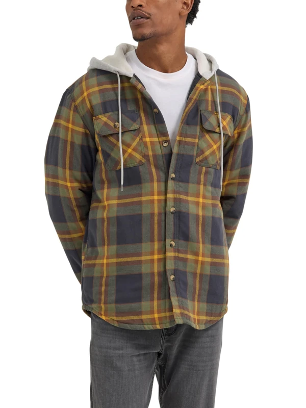 Wrangler Authentics Men's Long Sleeve Quilted Lined Flannel Shirt Jacket with Hood, Phantom, 3XL