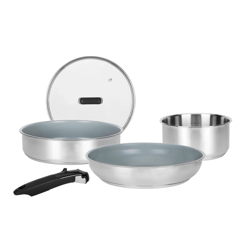 Sitram 716744 Stainless Steel Cookware Set 5 Pieces: 1 Removable Handle, 1 Saucepan Diameter 18 cm, 1 Frying Pan Diameter 28 cm, 1 Sauté Pan Diameter 24 cm, 1 Glass Cover – Healthy Ceramic Non-Stick - Image 1
