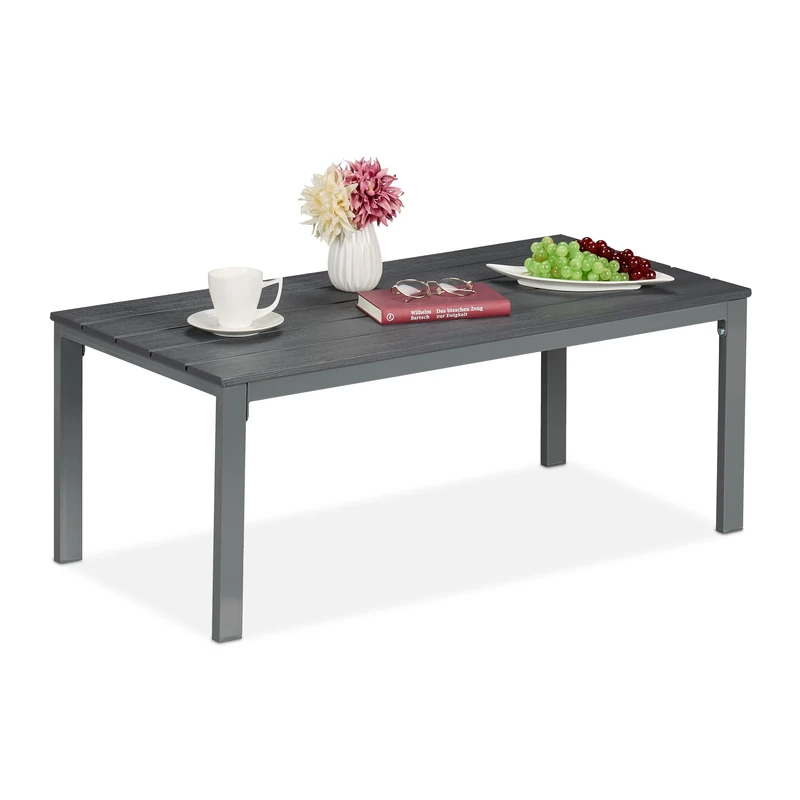 Relaxdays Garden Table, HWD: 39 x 98 x 48 cm, Wood Look, Plastic & Steel, Outdoor Dining, Rectangular, for Balcony, Grey