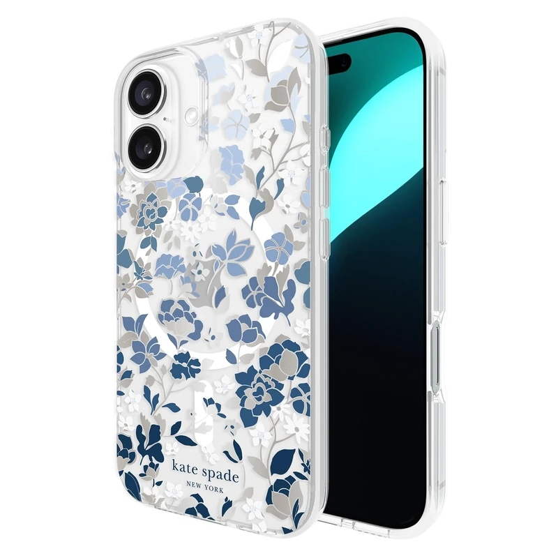 Kate Spade New York iPhone 16 Case - Compatible with MagSafe - Designer Phone Case - Flowerbed Blue Gems