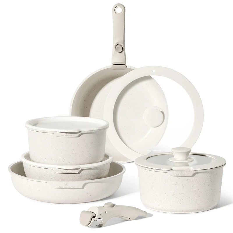 Just Perfecto Nonstick Cookware Set with Removable Handle, 11 Pieces, Cookware with Lids, for All Types of Cookers and Oven, Dishwasher and Oven Safe, PFOA Free (Biege)