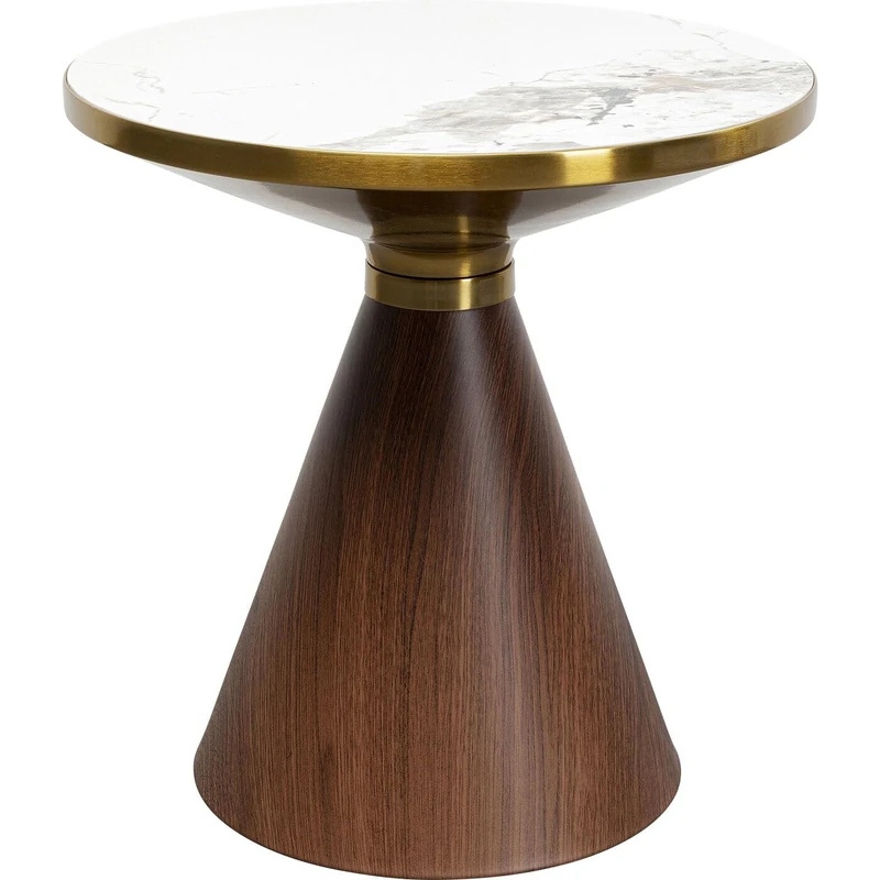 Kare Design Side Table Cono, Brown, Diameter 50cm, Ceramic, Wood, Marble Look, Sofa Side Table, Round Bedside Table, Room Decor, Home Decoration for Living Room