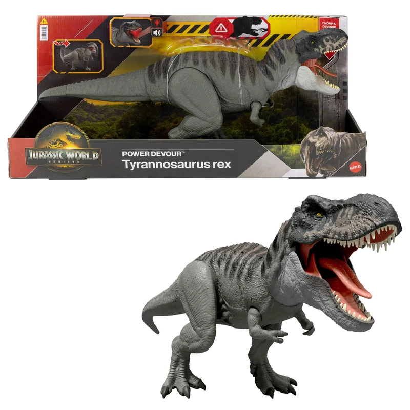 Mattel Jurassic World Rebirth Power Devour Tyrannosaurus Rex Dinosaur Figure with Tongue Activated Constant Chomp, Lights & Sounds, Digital Play, JGB50