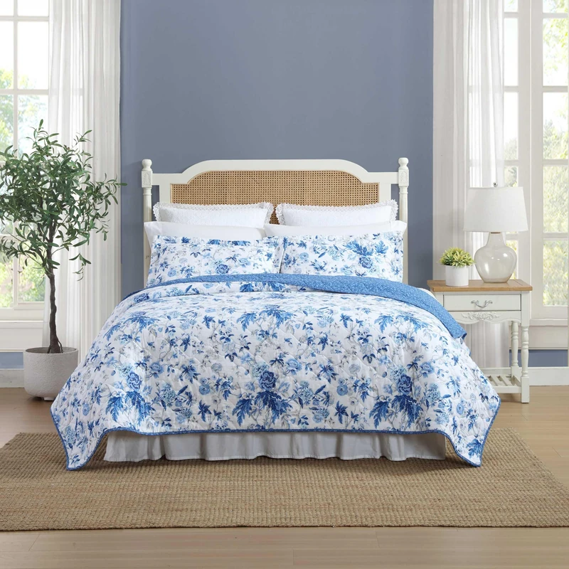 Laura Ashley 100% Cotton, Reversible, Lightweight & Breathable Bedding, Pre-Washed for Added Softness, Breezy Floral Blue, Full/Queen