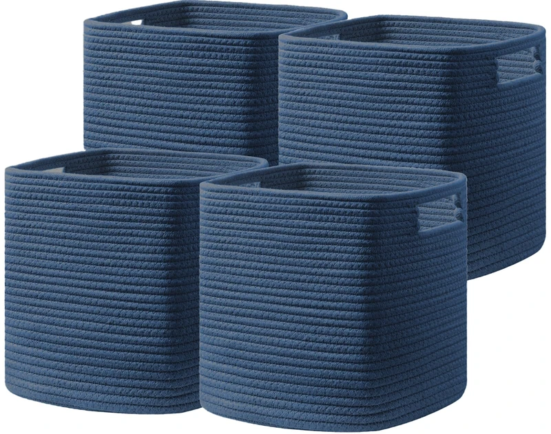 UBBCARE Set of 4 Storage Bins - 13 X 13 X 13 In, Cotton Rope Bins for Shelves, Toys, Books, Cube Storage with Handles, Woven Basket for Organizing, Navy Blue