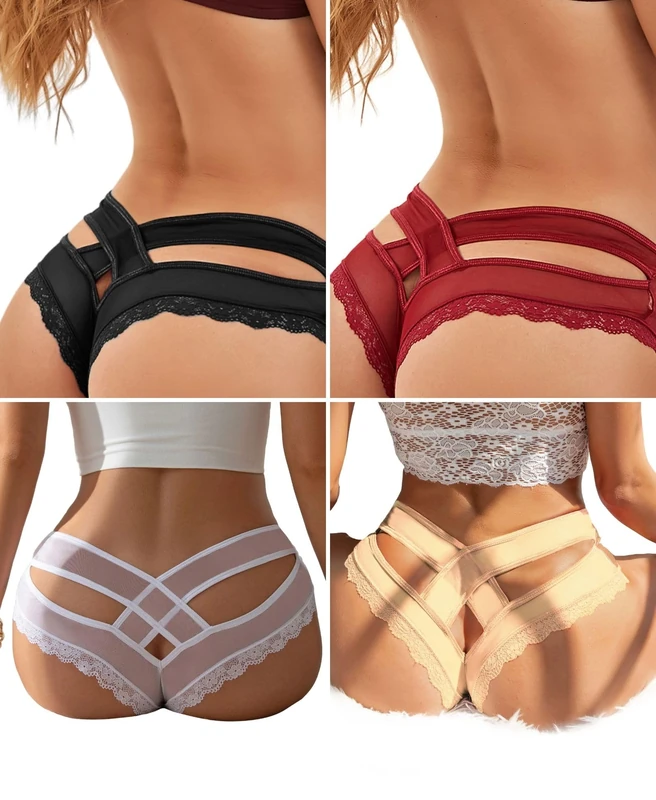 ohyeahlady Women's Underwear Lace Thongs Sexy Cross Backed Cheeky Knickers Panties Ladies Bikini Briefs Multipack French Knickers Size 8 10, Pack of 4