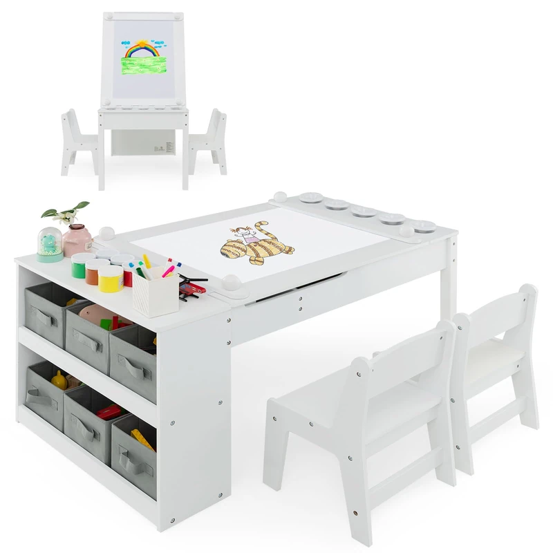 GYMAX 2 in 1 Kids Table and Chairs Set, Wooden Children Art Table (White)
