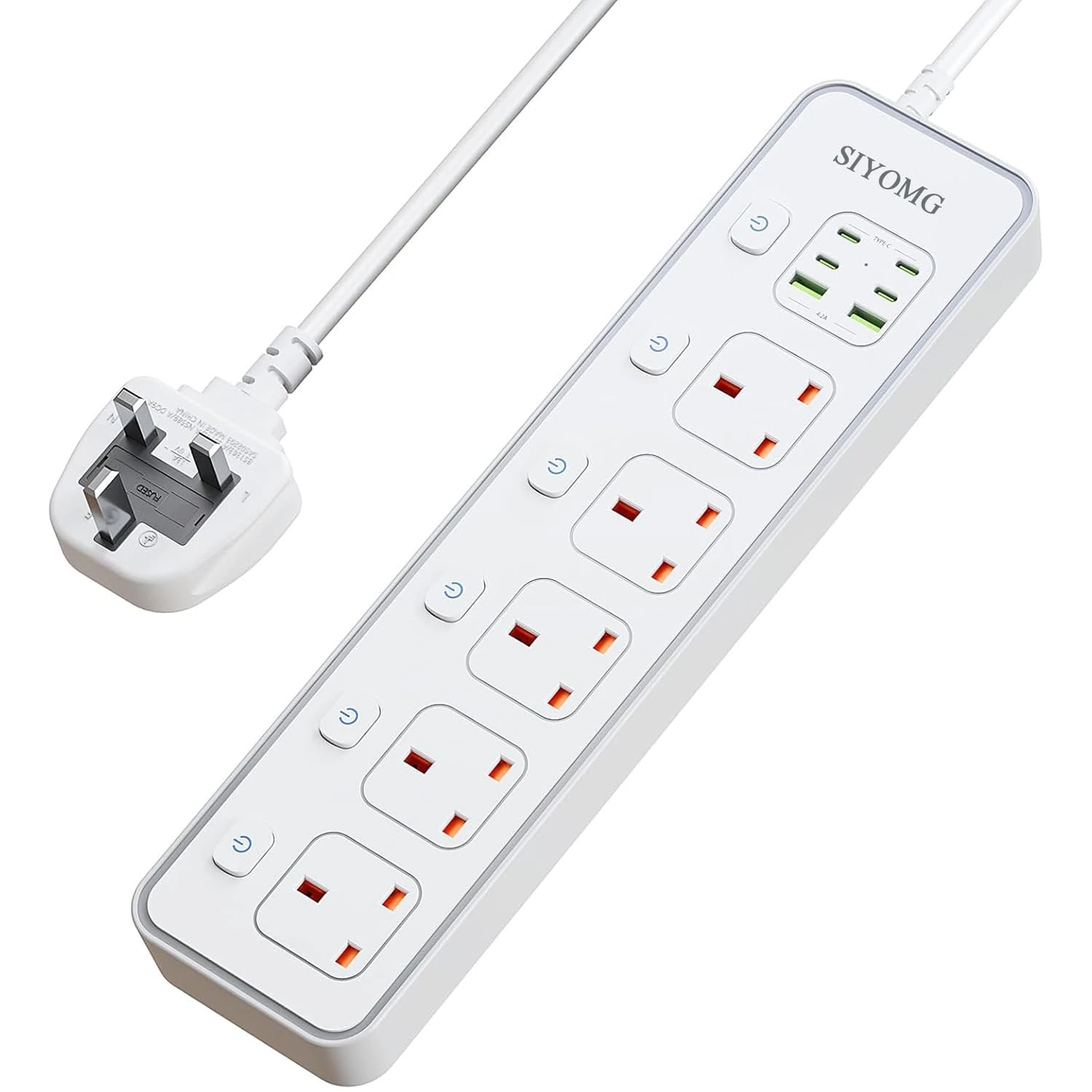 SIYOMG Extension Lead with USB Slots, 5 Way Plug Extension Socket with Individual Switches, 2 USB Ports and 4 USB-C Ports, 1.8 Extension Cable with Switches, UK Multi Plug Power Strip Extension Cord