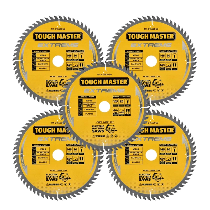 TOUGH MASTER Circular Saw Blade 165mm Professional TCT Mitre Saw Circular Saw Blade 165 x 20 x 60T Ideal for Wood, Wood With Nails, Laminate, Plastic, Fits Bosch Makita Dewalt (Pack of 5)