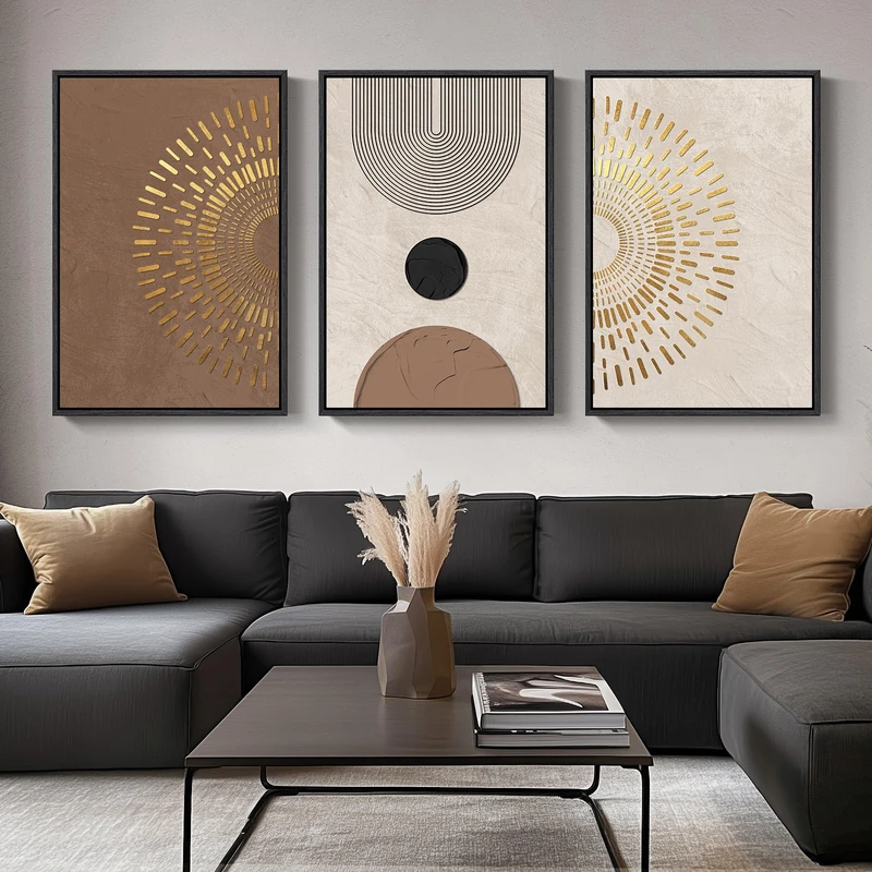 Cuspin Boho Canvas Wall Art Set of 3 Neutral and Gold Abstract Geometric Prints for Living Room, 36x72 Inch