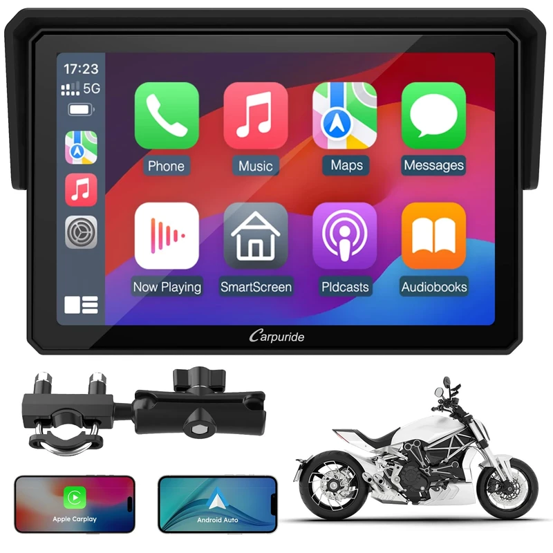 Motorcycle CarPlay Screen Carpuride W502 – 5" IP67 Waterproof Touchscreen, Wireless CarPlay & Android Auto, Dual Bluetooth, GPS Navigation, Universal Handlebar Mount, Siri Voice Control