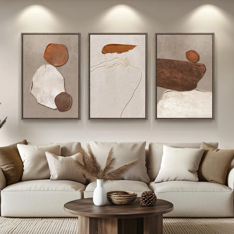 Large Framed Neutral Abstract Wall Art for Living Room, Set of 3 Rustic Beige Brown Canvas Prints Paintings Artwork for Walls, Minimalist Stone Pictures for Hallway Stair Office Wall Decor 24x36 Inch