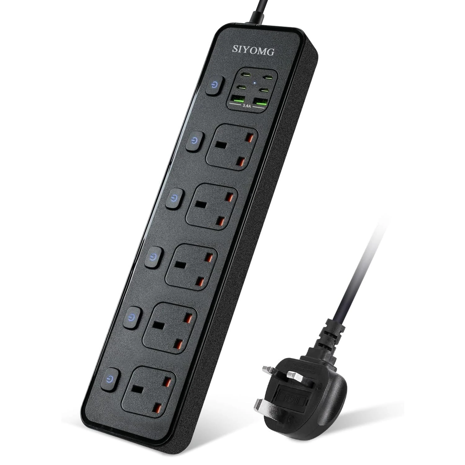 SIYOMG Extension Lead with USB Slots, 5 Way Plug Extension Socket with Individual Switches, 2 USB Ports and 4 USB-C Ports, 1.8 Extension Cable with Switches, UK Multi Plug Power Strip Extension Cord