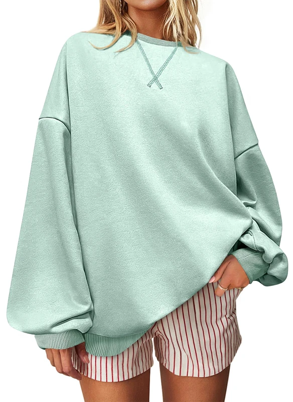 UEU Women Oversized Striped Crewneck Sweatshirt Long Sleeve Color Block Pullover Tops Casual Loose Workout Shirt, Light Gray Blue, XL