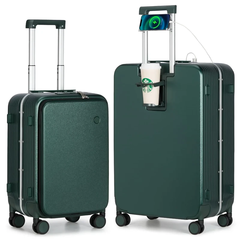 mixi Luggage PC Hardside Rolling Suitcase with Spinner Wheel TSA Lock with Cup Phone Holder, Blackish Green, 0, Fashionable and Multifunctional