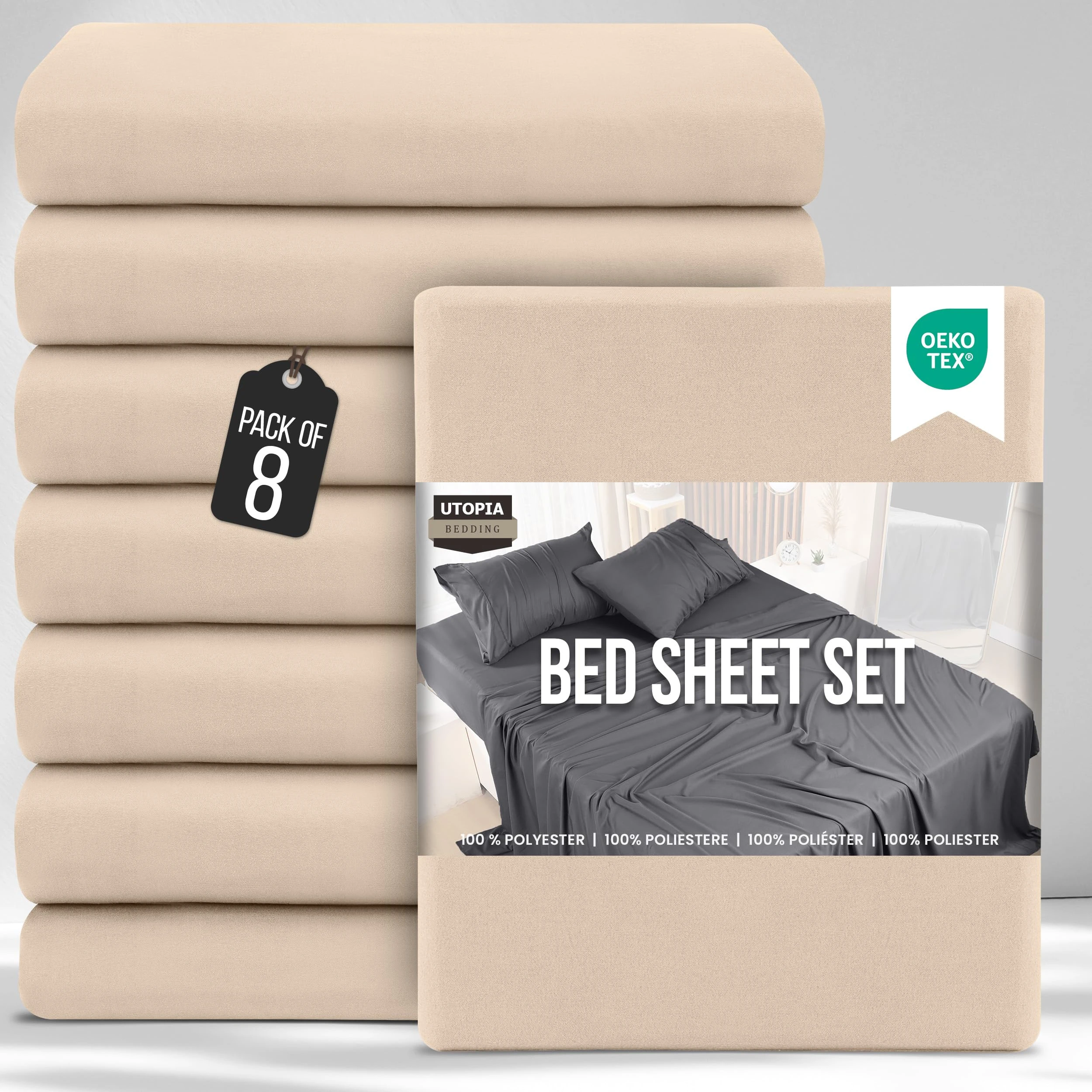 Utopia Bedding Bed Sheets Set Bulk Pack of 8 (Double, Beige) – Fitted Sheet, Flat Sheet with Pillow cases 50x75 – Wrinkle, Shrinkage & Fade Resistant – Soft Brushed Polyester Microfiber Fabric