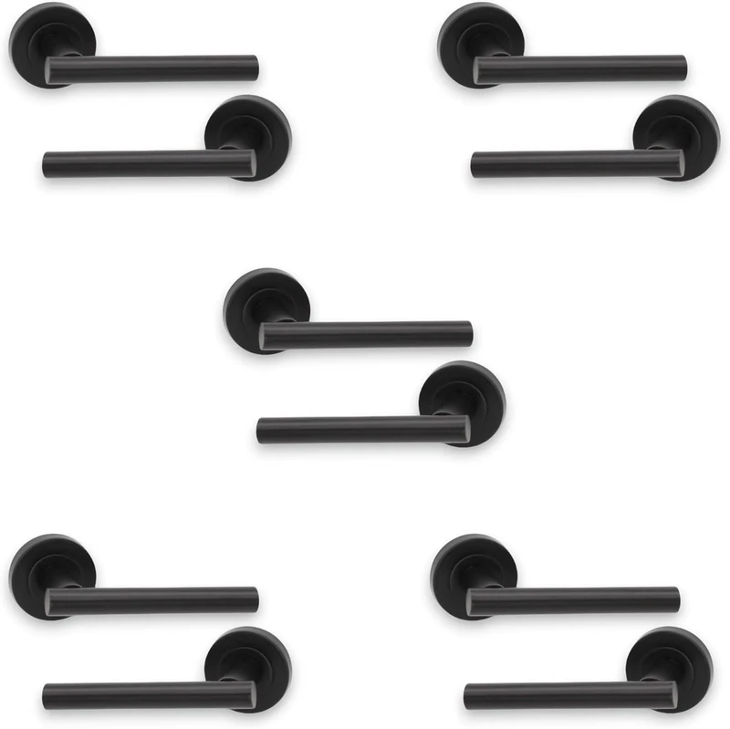 Infinity Decor 5 Sets of Straight T-Bar Door Pull Handles on Sprung Rose Lever Latch Pack in Matt Black – Ideal for Residential and Office use