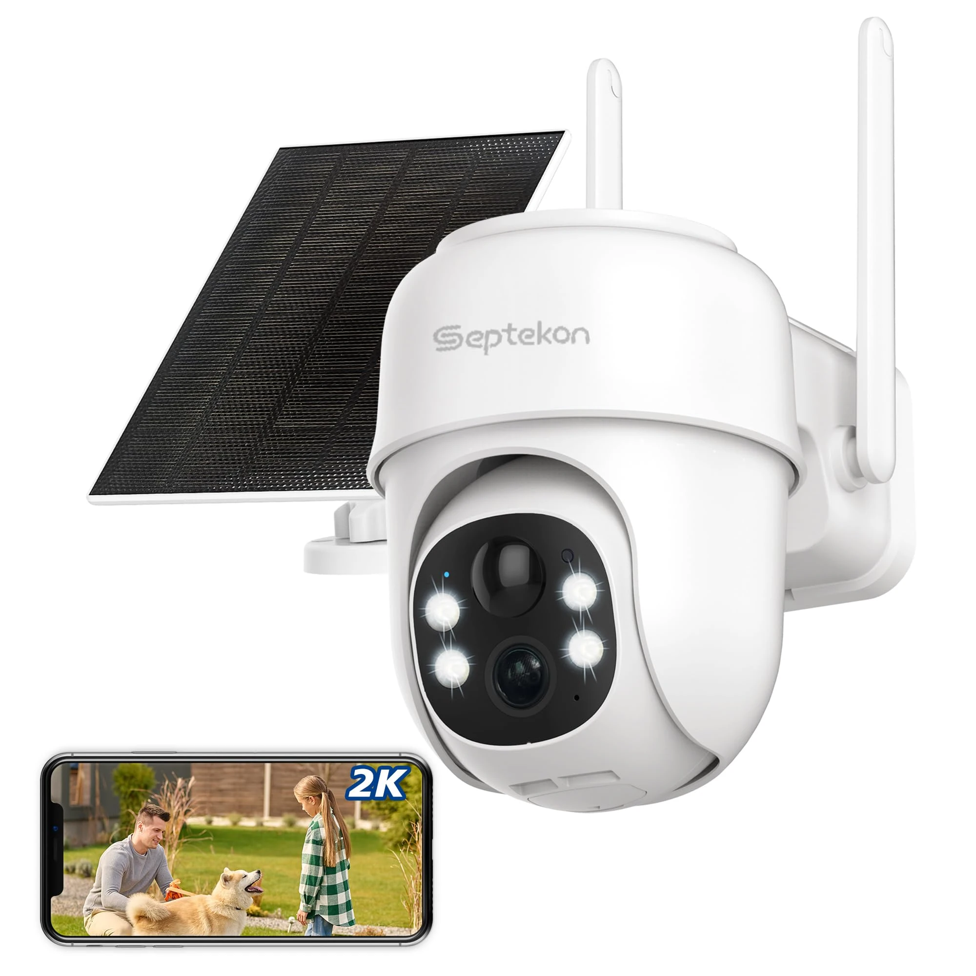 Septekon 2K Solar Security Cameras Wireless Outdoor, 360°PTZ Battery Powered Outdoor Camera, 2.4G WiFi Camera with Spotlight Color Night Vision, Motion Sensor Alarm, IP66-White