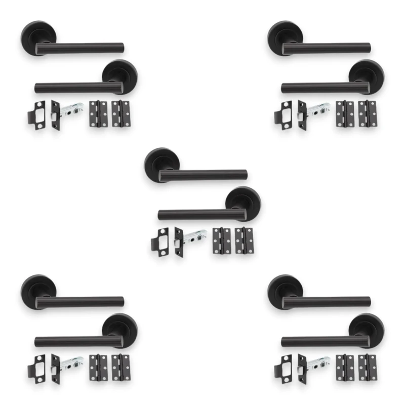 Infinity Decor Set of 5 Pairs Matt Black T-Bar Lever Door Pull Handles with Tubular Latch and Hinges Pack - for Interior & Exterior Doors