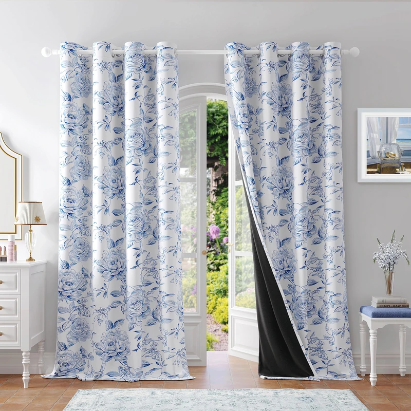Beauoop Floral 100% Blackout Curtains 90 Inches Long 2 Panels for Bedroom Living Room Navy Blue White Farmhouse Rose Flower Patterned Room Darkening Thermal Grommet Window Treatments Drapes, 50X90