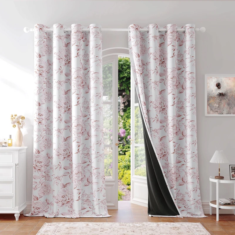Beauoop Floral 100% Blackout Curtains 90 Inches Long 2 Panels for Bedroom Living Room Pink White Farmhouse Dusty Rose Flower Patterned Room Darkening Thermal Grommet Window Treatments Drapes, 50X90