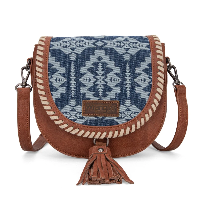 Wrangler Saddle Bag Purses for Women Small Crossbody Satchal Bag Embossed Braid Handbags, Boho Jean