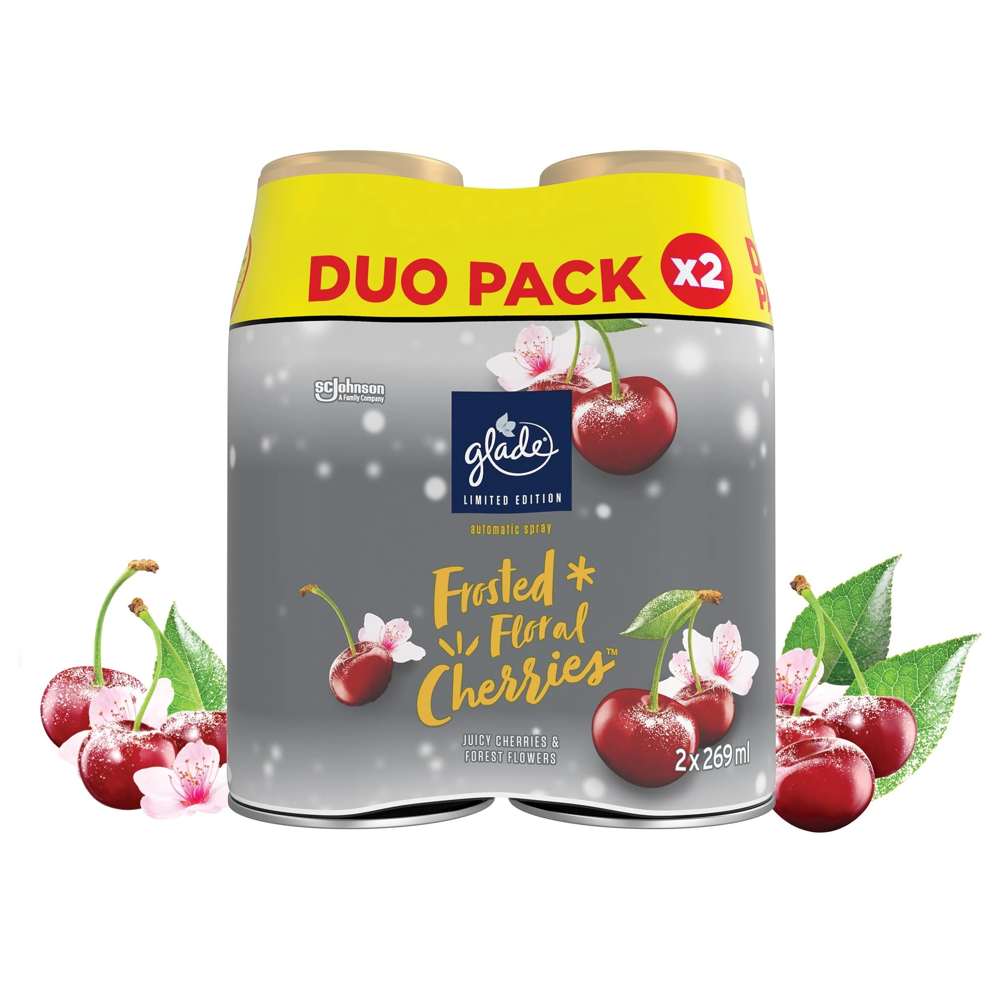 Glade Automatic Air Freshener Refills, Room Spray & Odour Eliminator for Home, Long-lasting Fragrance Infused with Essential Oils, Frosted Floral Cherries, Duo Pack (2 x 269ml)