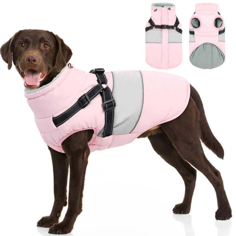 SUNFURA Dog Coat, XXXL Dog Jacket Winter with Harness Built in, Waterproof Pet Snow Jacket with Furry Collar for Chilly Day, Reflective Fleece Snowsuit for Extra Large Dogs, Pink 3XL