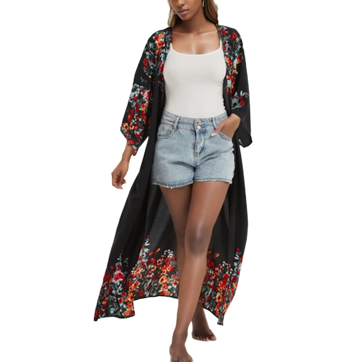 Women's Summer Boho Loose Bikini Swimwear Cover Up Long Kimono Flowy Cardigan Swimsuit Beachwear