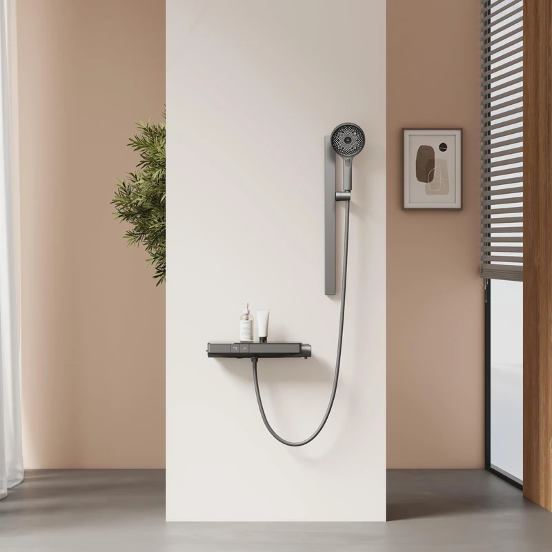 EMKE Shower Column with Shelf, Shower Set with Hand Shower and Lower Spout, Minimalist Design, 3 Types of Jets, Intelligent Temperature Control, Matt Anthracite