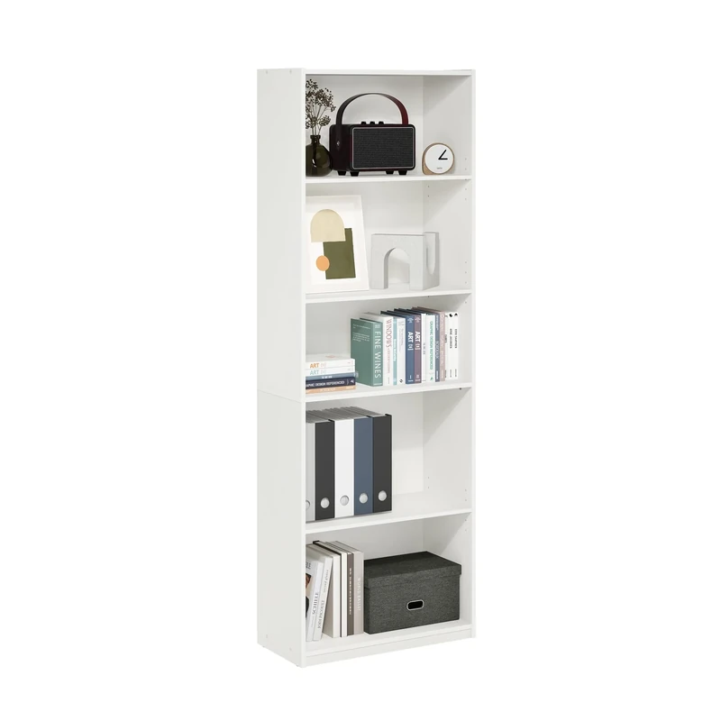Furinno GEHRY Book Shelf, 5-Tier Bookshelf, Bookcase with Adjustable Shelves, 11.6 x 24.8 x 71.4, for Living Room, Bedroom, Home Office, White