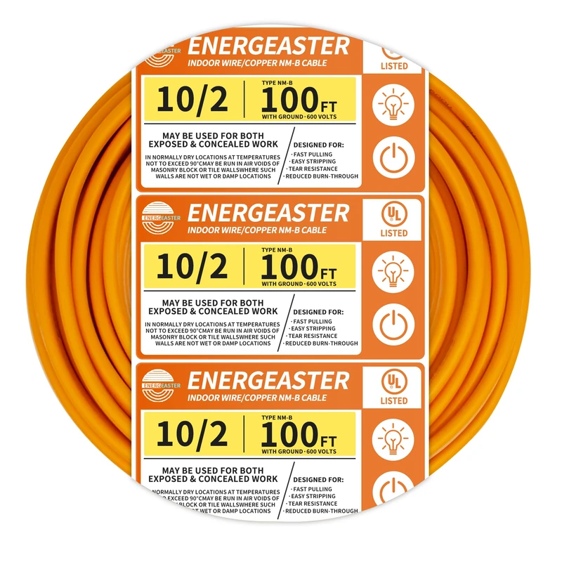 Energeaster 10/2 NM-B Wire,with Ground Indoor Electrical Copper Wire，10 Gauge Wire 2 Conductor Non-Metallic Sheathed Copper Cable(100FT Orange)