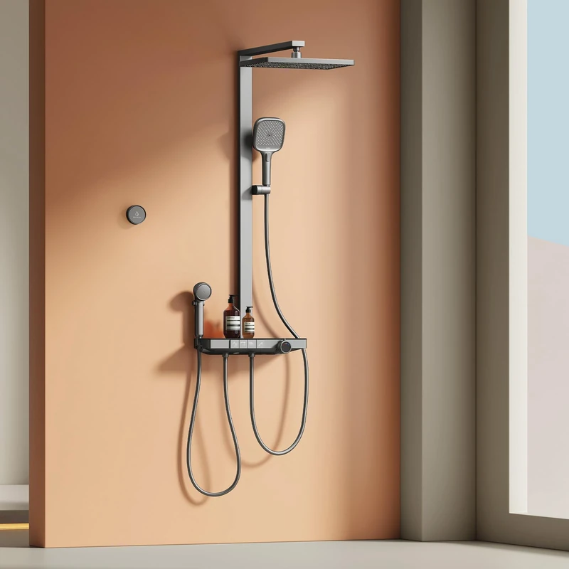 EMKE Thermostatic Shower Column, Matte Anthracite, 4 in 1: Shower Head, Children's Shower, Waterfall, Filtration, Preset, Digital Display. Modern Design for The Bathroom