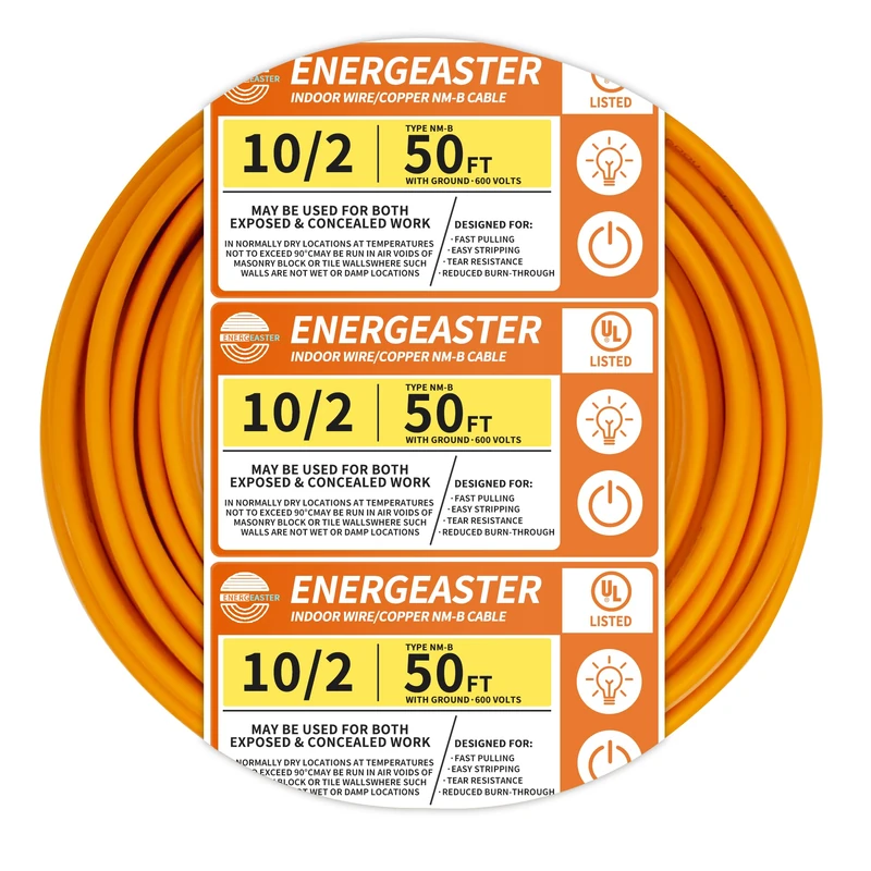 Energeaster 10/2 NM-B Wire,with Ground Indoor Electrical Copper Wire，10 Gauge Wire 2 Conductor Non-Metallic Sheathed Copper Cable(50FT Orange)