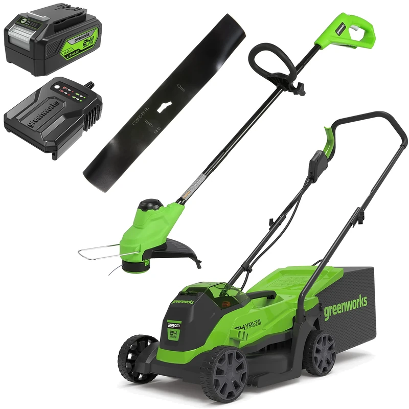 Greenworks Electric Lawn Mower 24V 33cm 30L GD24LM33 and Cordless Grass Trimmer 25cm G24LT25 Auto Feed Head incl. 1 Battery 4Ah & Charger + Greenworks Original 33 cm replacement blade