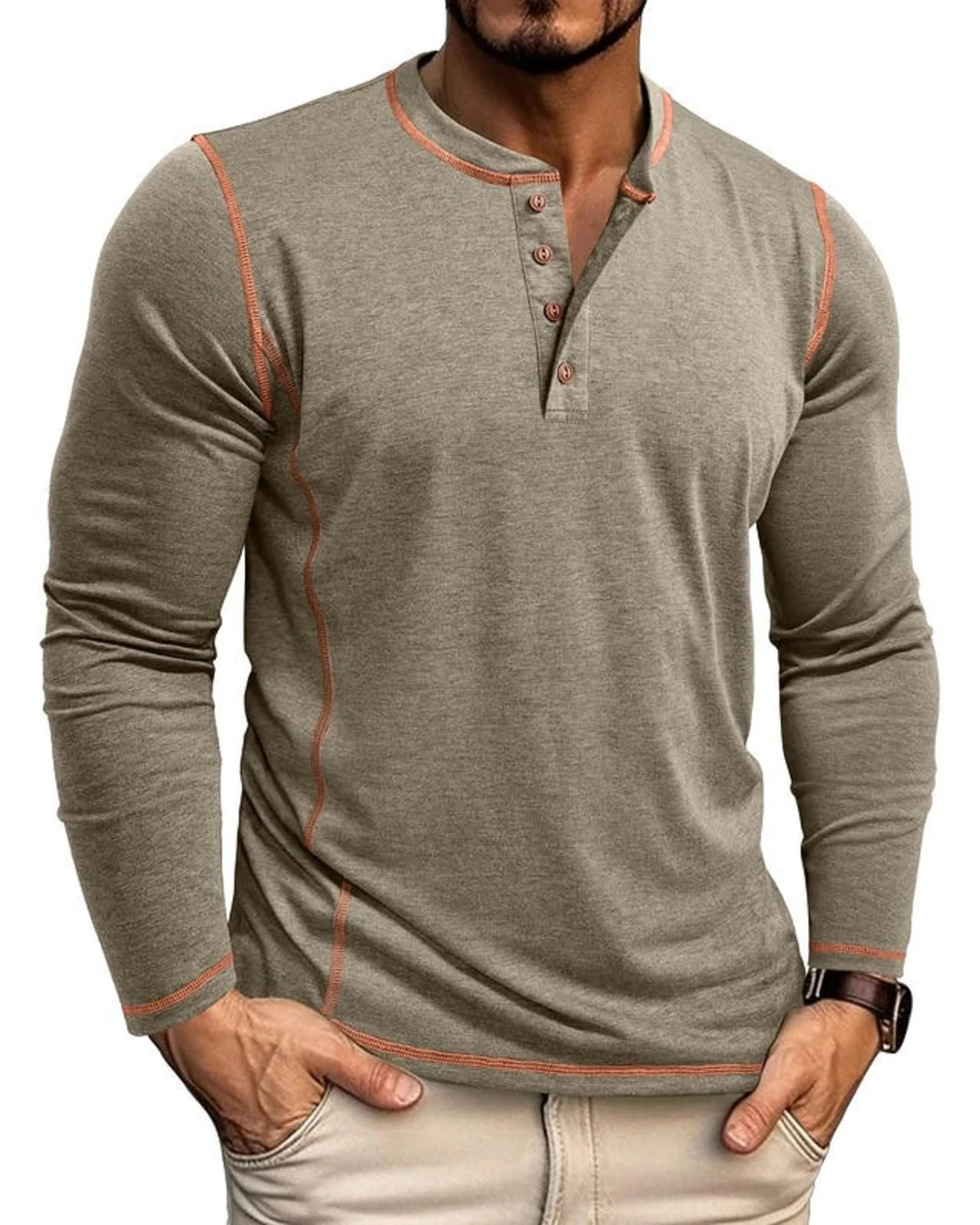 LAOARA Mens Long Sleeve T Shirt Henley T-Shirts Grandad Tops Cotton Casual Lightweight Tee with Button Khaki XXL