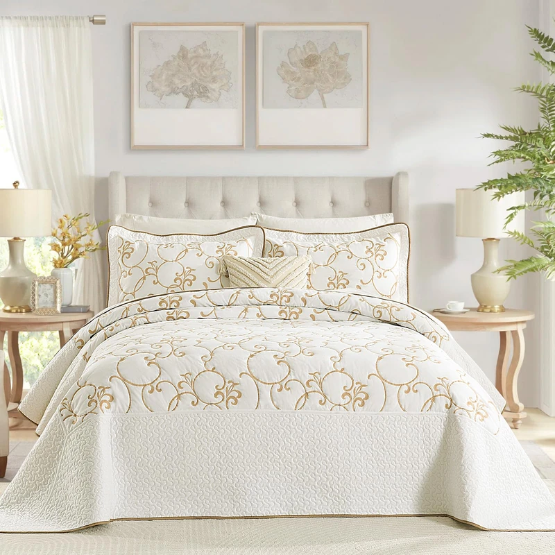 FineStichery 100% Cotton Oversized Bedspread Quilt Coverlet Set, 128"x120" Extra Large Cal King Bedspreads with Pillow Shams, Lightweight Embroidered Bedding Cover 3 Piece, Beige/White