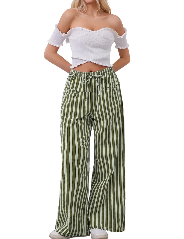 AIHUKOCY Women Drawstring Stripe Wide Leg Casual Trousers Striped Low Rise Casual Loose Lounge Pants with Pockets, Army Green, S