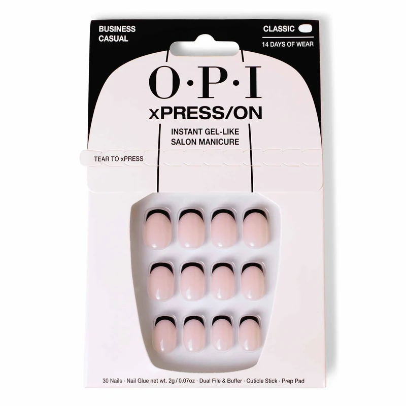 OPI xPRESS-ON Business Casual - Black French Tip Short and Round Shaped Press On Nails - With Nail Glue - Long Lasting, Reusable and Non-Damaging French Tip False Nails