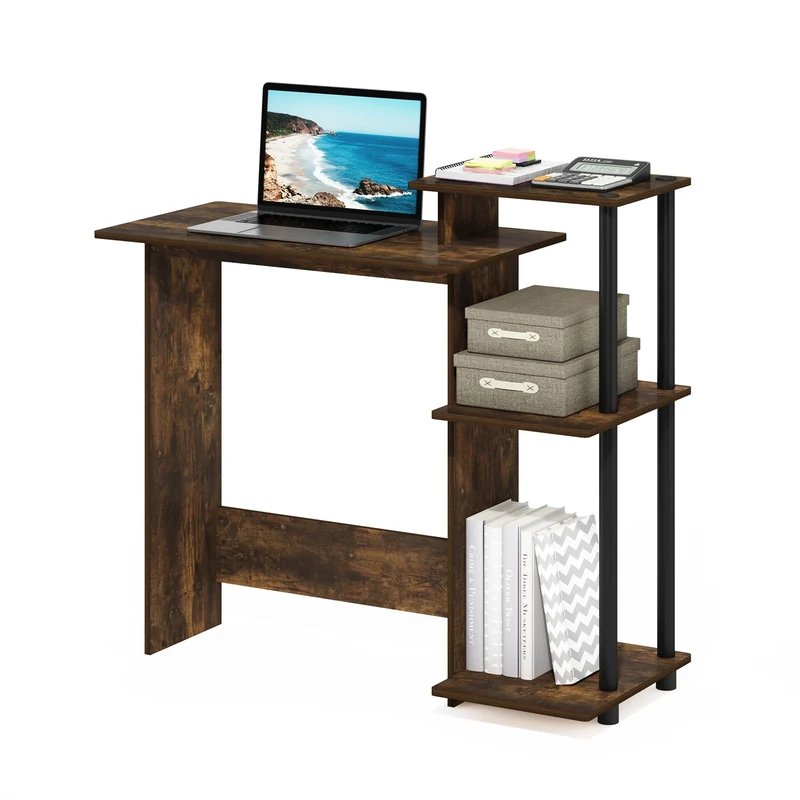 Furinno EFFICIENT Desk, Gaming Desk, with 3 Open Side Shelves, Laptop Notebook Computer Desk,Office Desk for Home Office, Study Room, Dorm, Amber Pine