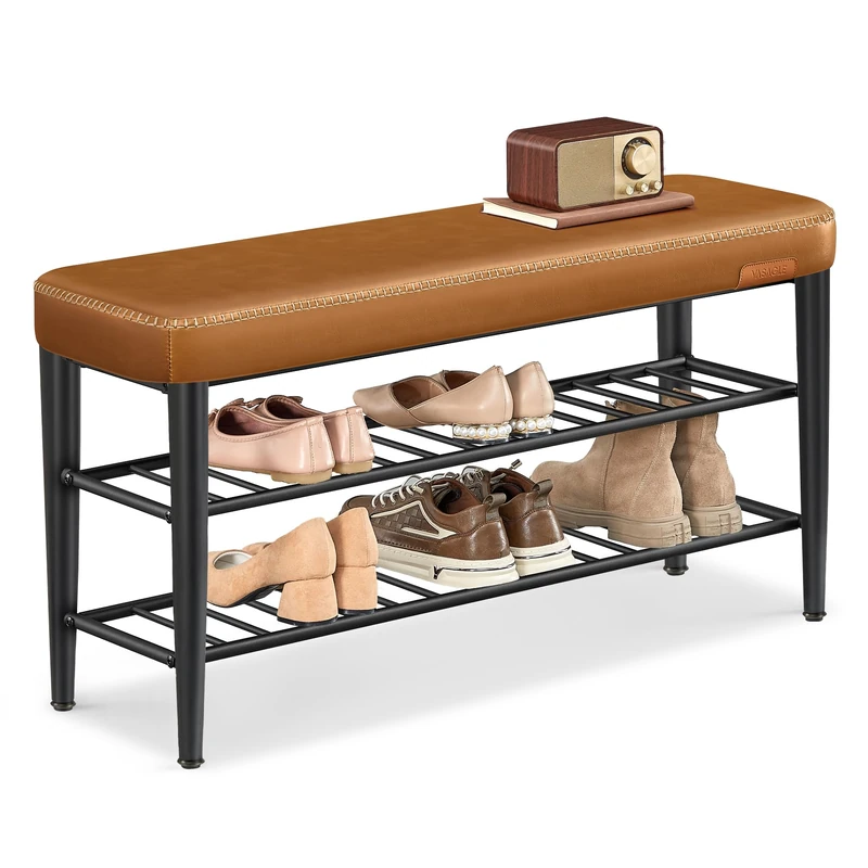 VASAGLE EKHO Collection - Shoe Bench, Storage Bench, Shoe Rack Bench Entryway, Synthetic Leather with Stitching, Mid-Century Modern, Loads 135 kg, 30 x 100 x 50 cm, Caramel Brown LSB113K02