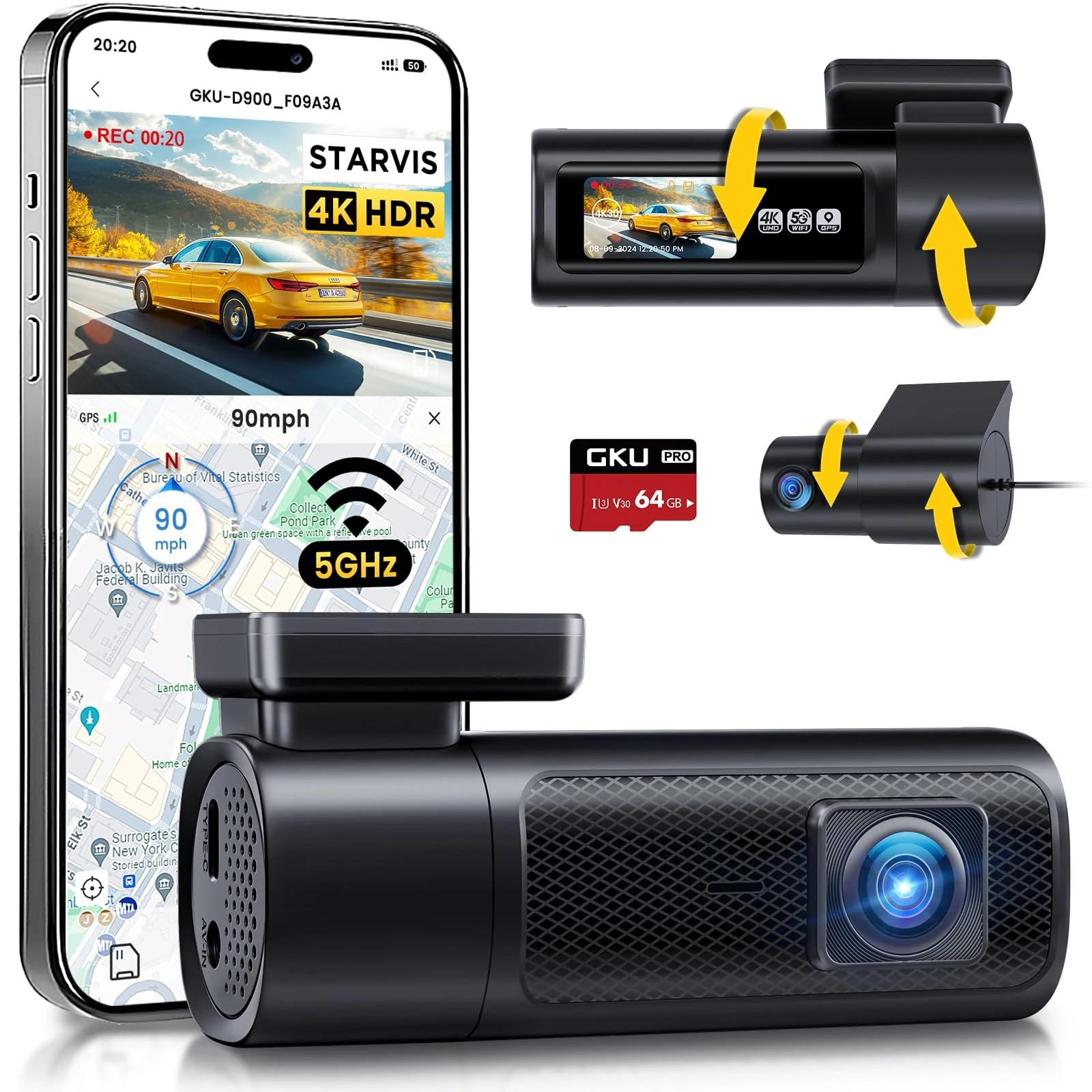 GKU 4K+2.5K Dash Cam Front and Rear, 5Ghz Wi-Fi & GPS, HDR, Dual Car Camera with 1.47” IPS Screen, Dashcam with 64GB SD Card, Starlight Night Vision, 24H Parking Mode, G-Sensor,Max 512GB